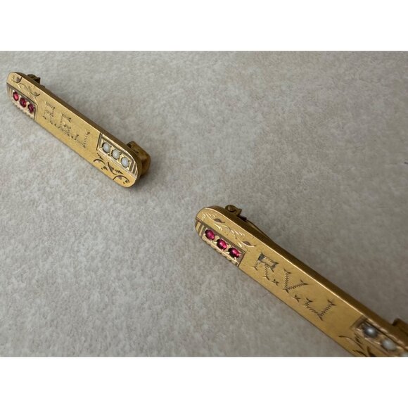 Antique Victorian bundle 2 gold filled red glass seed pearls bar pins brooches - Picture 4 of 6